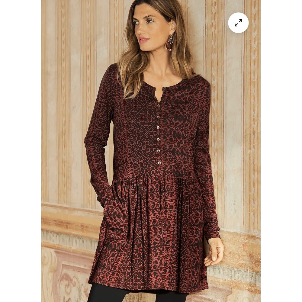 Peruvian Connection Small Pima Cotton Modal Tunic Dress Tangier Fretwork Brick